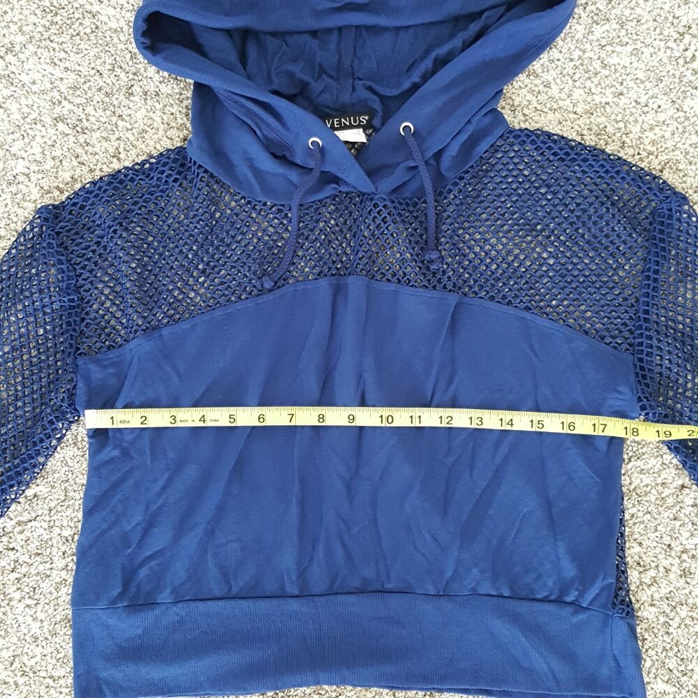 NEW Venus Cropped Mesh Hoodie Top Cover-Up Blue Hooded Long Sleeve Sweatshirt - Picture 5 of 13